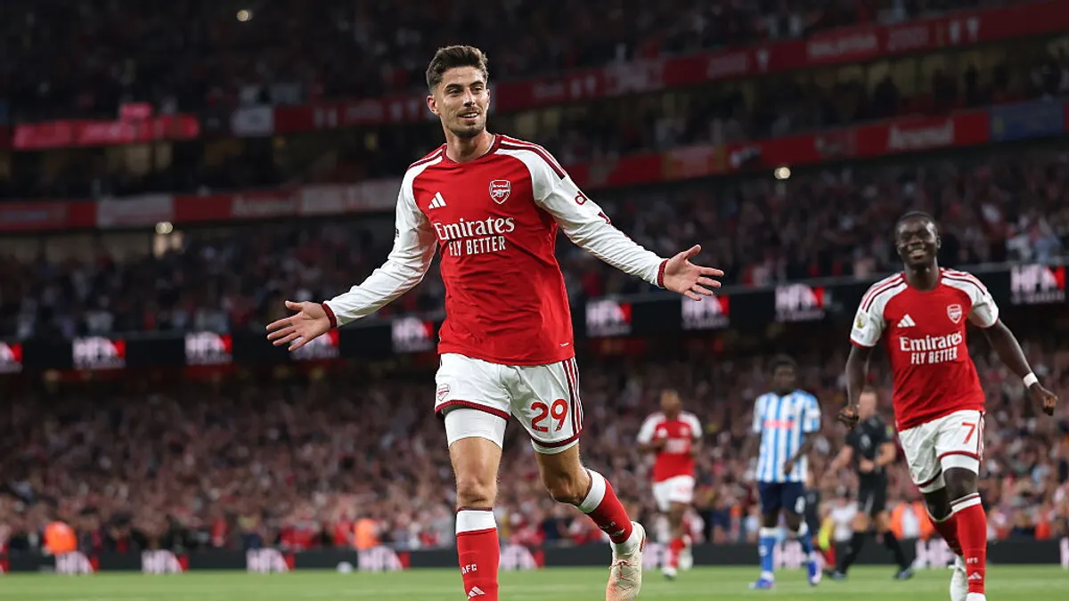 Selebrasi pemain Arsenal dalam laga Premier League melawan Coventry di Emirates Stadium