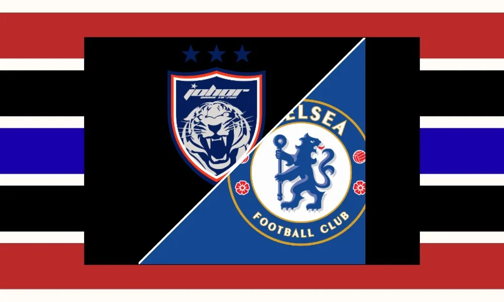 Pemain Johor Darul Ta'zim berduel dengan pemain Chelsea di Sultan Ibrahim Stadium