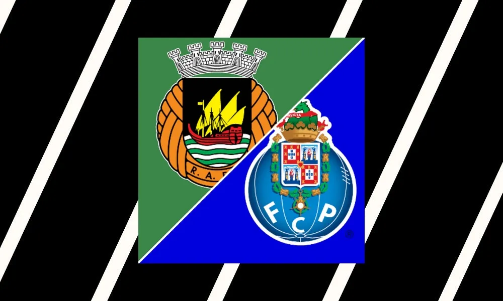 Ilustrasi pertandingan Rio Ave vs FC Porto di Liga Portugal dengan suasana stadion Estádio do Rio Ave