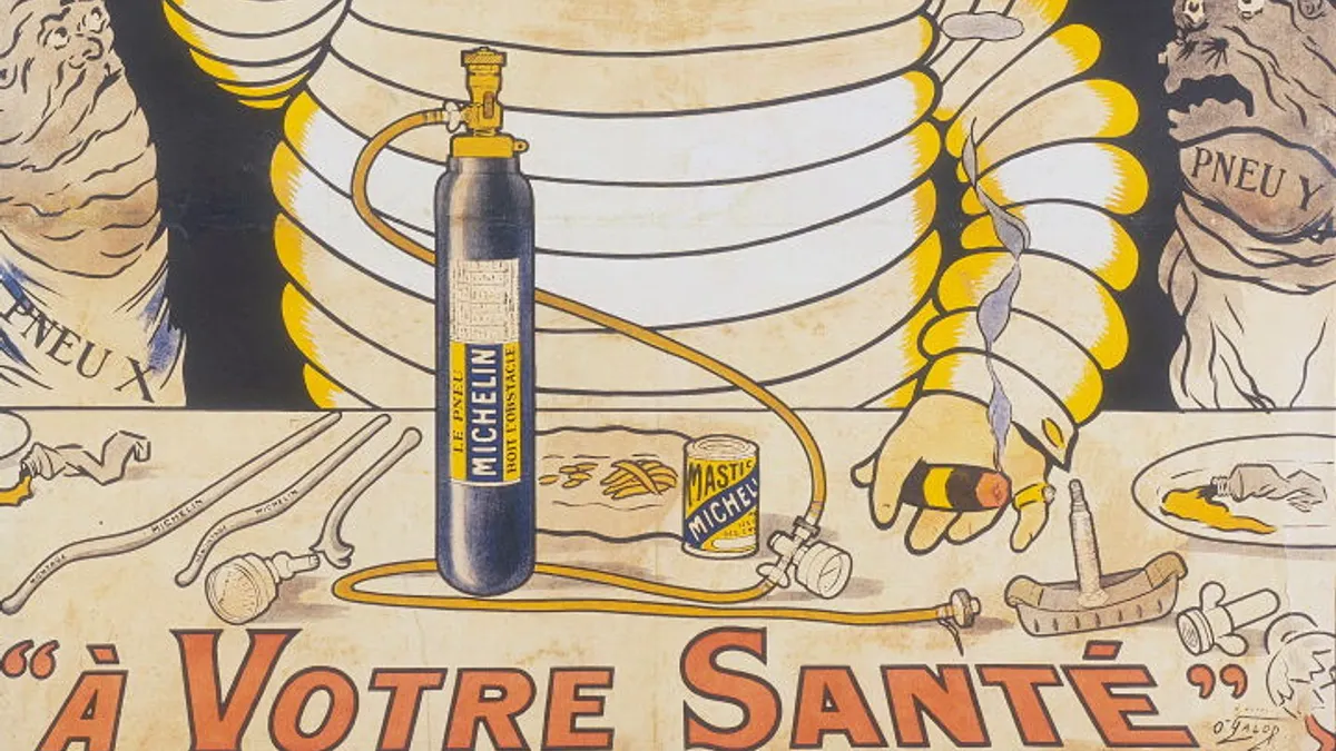Ilustrasi poster pertama maskot Bibendum Michelin dari tahun 1898